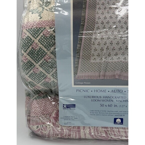 Vtg Cannon Cotton Throw Blanket Cottage Roses NOS Woven Beige Grandma USA - Picture 4 of 14